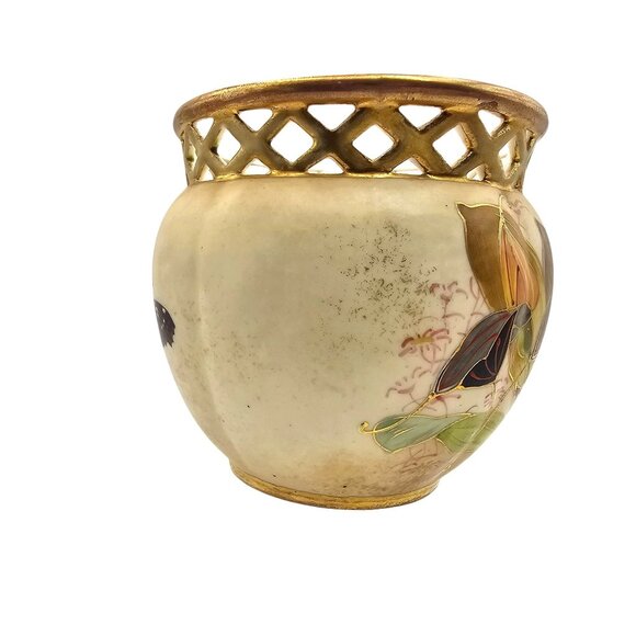 Antique 1893 Robert Hanke Porcelain Vase Lattice Rim Orchid Butterfly Design - Picture 14 of 16